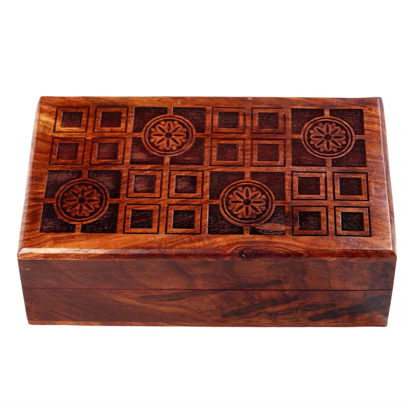 RGrandsons Handmade Wooden Keepsake Storage Box Jewelry Trinket Holder Organizer Floral Hand Carvings with Brass Inlay 8 inch (8.0x5.0 inch_RG0117) - Image 5