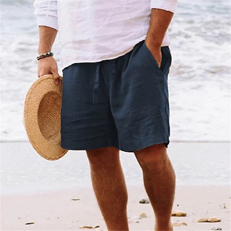 Men'S Shorts Cotton Linen Summer Drawstring Elastoic Waist Straight Legs Solid Color Comfortable Breathable Short Daily Beach - Image 1