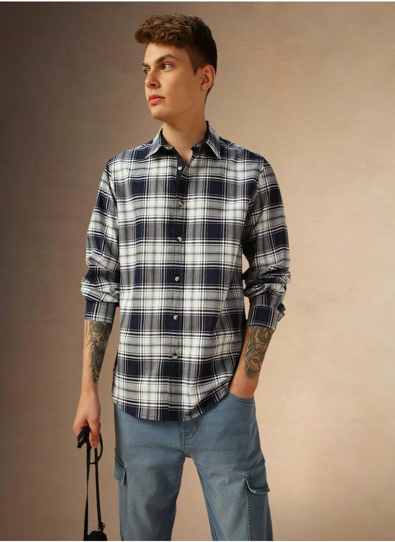 Dennis Lingo Men's Navy 100% Cotton Checkered Shirt
