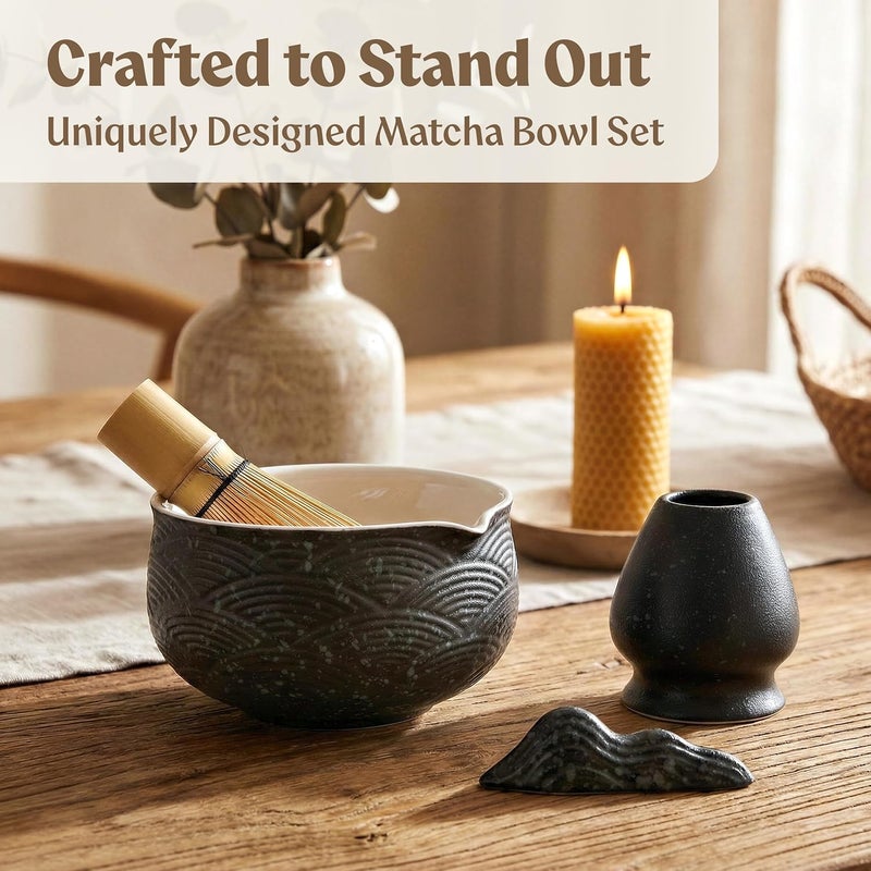EDELHAUS طقم خفق ماتشا (7 قطع) - مجموعة ماتشا كاملة، وعاء ماتشا مع وعاء، وخفاقة وحامل، ملعقة/مغرفة من الخيزران، ومغرفة للراحة، ومنخل مع كتيب. - Image 2