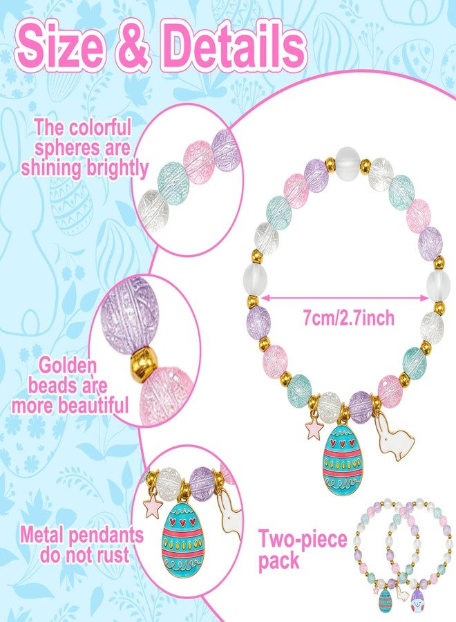YLZZMDQSZ 2 Pcs Easter Bracelets Set, Cute Bunny Bracelets Charm Stretch Jewelry, Pastel Color Beaded Bunny Jewelry for Women Girlfriend Youth, Easter Accessories Basket Stuffers & Gifts - Image 4