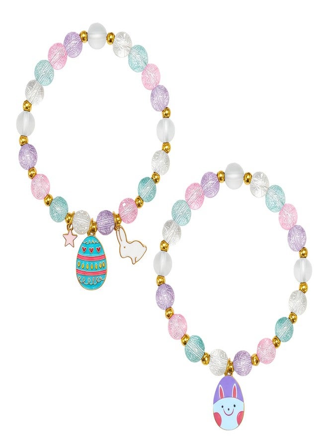 YLZZMDQSZ 2 Pcs Easter Bracelets Set, Cute Bunny Bracelets Charm Stretch Jewelry, Pastel Color Beaded Bunny Jewelry for Women Girlfriend Youth, Easter Accessories Basket Stuffers & Gifts - Image 1