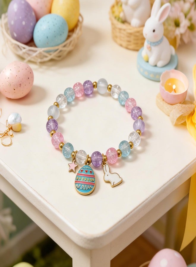 YLZZMDQSZ 2 Pcs Easter Bracelets Set, Cute Bunny Bracelets Charm Stretch Jewelry, Pastel Color Beaded Bunny Jewelry for Women Girlfriend Youth, Easter Accessories Basket Stuffers & Gifts - Image 2