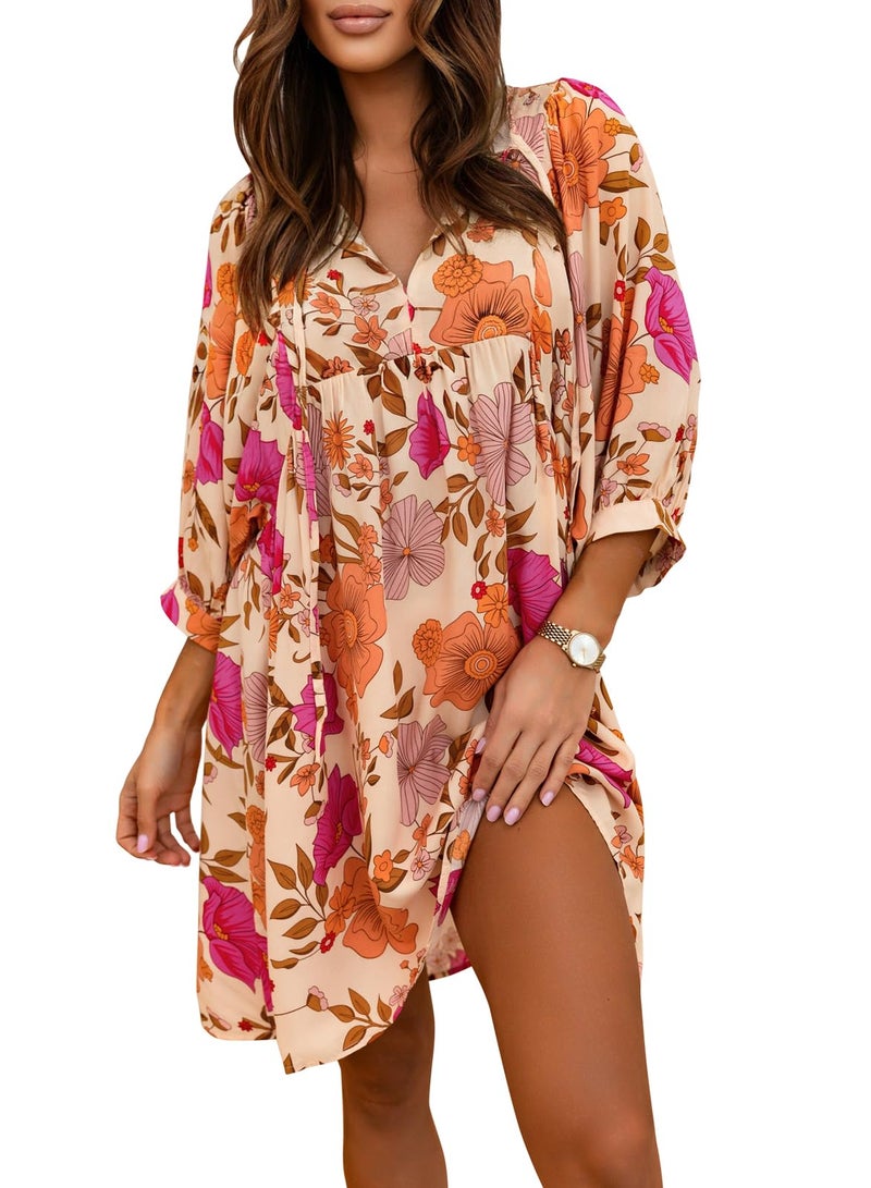 miduo Womens Casual Summer Beach Dress Short Sleeve V Neck Floral Boho Babydoll Tunic Shift Mini Dress Short Dresses Sundress L Yellow - Image 1