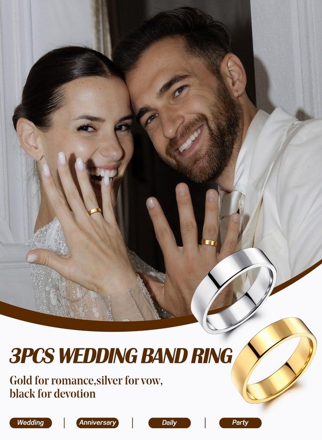 sailimue 14K Gold Plated Wedding Bands Rings for Women - Non Tarnish Stainless Steel Stackable Rings Classic Gold Silver Black Mens Engagement Ring Set 3mm/5mm Dainty Thumb Stacking Ring - Image 2