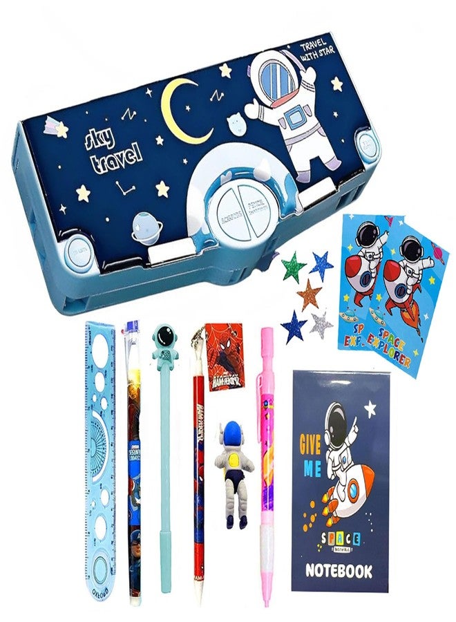 SHUDAUSHI Plastic 11 In 1 Space Theme Magnetic Pencil Box For Kids With Stationery Pencil Case Geometry Buttons Operated Stationery Holder With Accessories Scissor, Sharpener Etc(Space), PINK