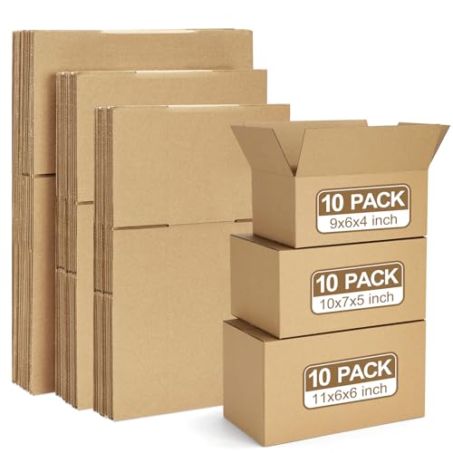 Eupako 30 Pack Small Shipping Boxes Assorted Sizes, 9x6x4 & 10x7x5 & 11x6x6 10 PCS Each Mailing Boxes, Brown Corrugated Box Mailers, Cardboard Boxes for Packaging Small Business - Image 1