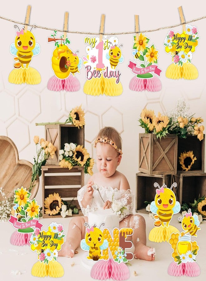Funmemoir زينة حفلات عيد الميلاد الأول على شكل نحلة عسل وردية - 8 قطع مركزية على شكل قرص عسل النحل، قطع مركزية على الطاولة من Sweet to Bee، زينة عيد ميلاد سعيد للبنات بمناسبة عيد النحل الأول - Image 3