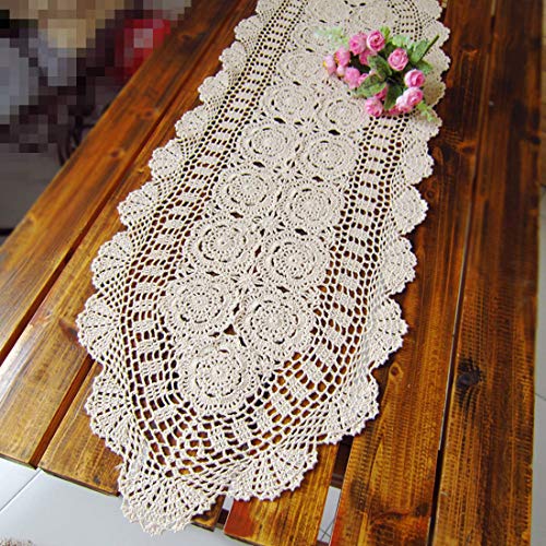 Damanni Oval Cotton Handmade Crochet Lace Table Runner Doilies Dresser Scarf 15 Inch by 63 InchBeige