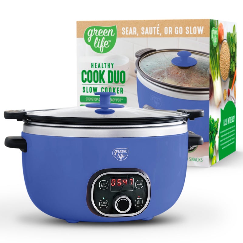 GreenLife طباخ بطيء GreenLife سعة 6QT غير سام خالي من PFAS سيراميك غير لاصق وعاء داخلي قابل للإزالة قابل للبرمجة صديق للعائلة يحتفظ بالحرارة آمن للاستخدام على الموقد والفرن آمن لغسل الأطباق أجزاء مؤقت غطاء زجاجي أزرق