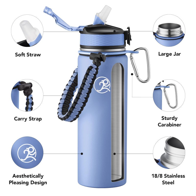 GOSWAG Insulated Sports Water Bottle, 24oz 2 Lids(with Straw/No Straw), Stainless Steel Water Bottles with Paracord Handle, Insulated Bottle with Double-Wall Vacuum Insulation - Image 3