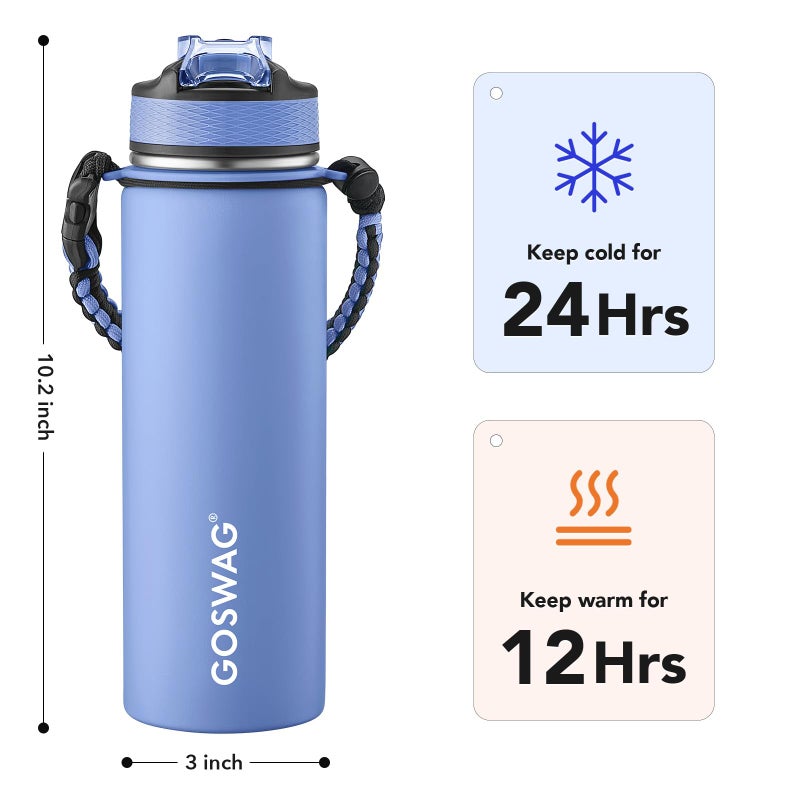 GOSWAG Insulated Sports Water Bottle, 24oz 2 Lids(with Straw/No Straw), Stainless Steel Water Bottles with Paracord Handle, Insulated Bottle with Double-Wall Vacuum Insulation - Image 2