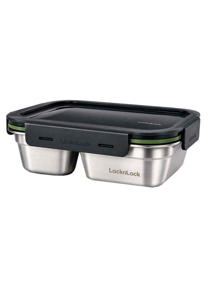 LocknLock Stainless Steel Stackable Divided Food Container Rectangle 1L â€“ Four-Side Locking Lid, Durable & Leakproof, Oven & Freezer Safe