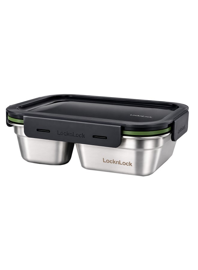 LocknLock Stainless Steel Stackable Divided Food Container Rectangle 1L â€“ Four-Side Locking Lid, Durable & Leakproof, Oven & Freezer Safe - Image 1