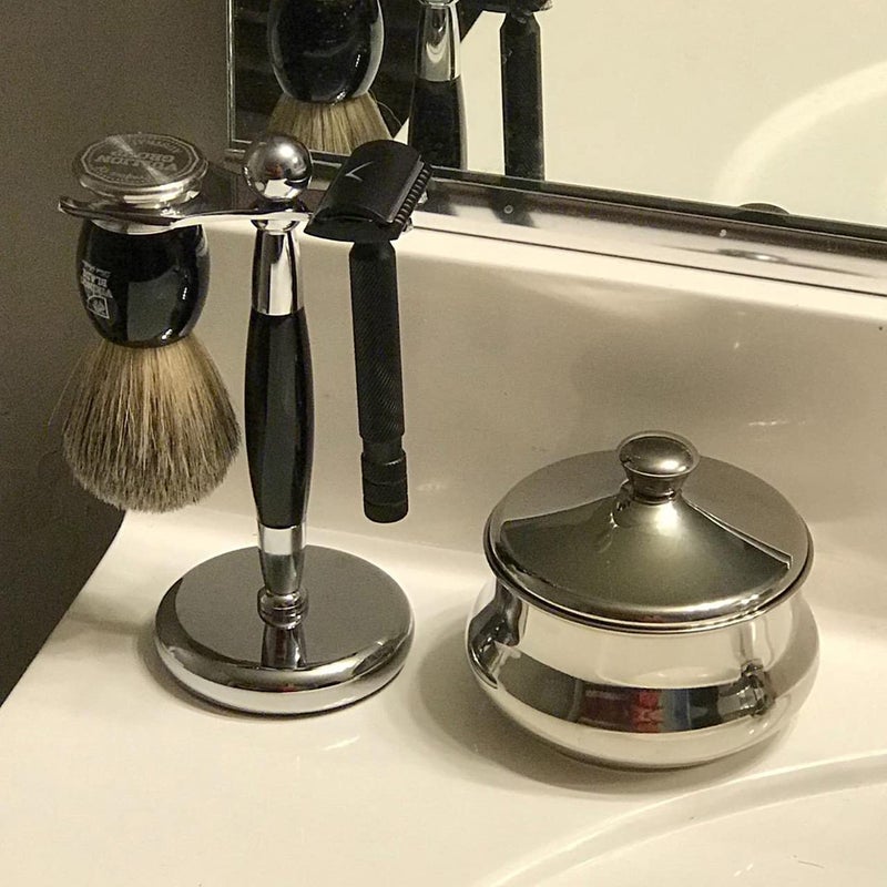 SANWA Deluxe Stainless Steel Shaving Brush Stand Holder for Razor & Brush - Extra Wide Openings, Weighted Base Black Handle - Image 5