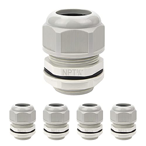 LeMotech 5 Pack NPT 3/4" Cable Glands Waterproof Adjustable 12.5-18mm Cable Connectors Grey Nylon Joints with Gaskets - Image 1