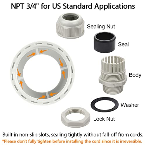 LeMotech 5 Pack NPT 3/4" Cable Glands Waterproof Adjustable 12.5-18mm Cable Connectors Grey Nylon Joints with Gaskets - Image 4