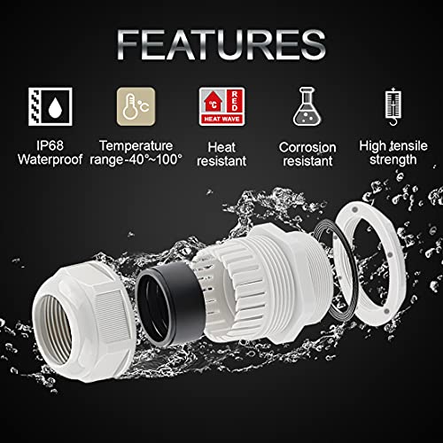 LeMotech 5 Pack NPT 3/4" Cable Glands Waterproof Adjustable 12.5-18mm Cable Connectors Grey Nylon Joints with Gaskets - Image 3
