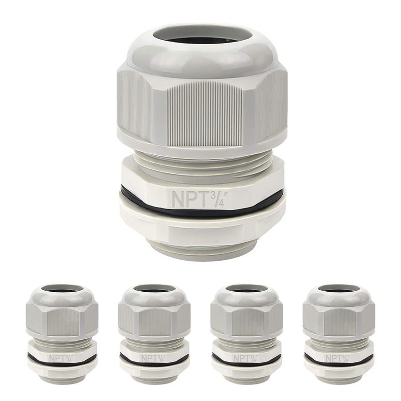 LeMotech 5 Pack NPT 3/4" Cable Glands Waterproof Adjustable 12.5-18mm Cable Connectors Grey Nylon Joints with Gaskets - Image 5