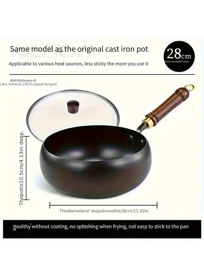 Cast Iron Skillet With Lid 28cm 11 Inch Handmade Traditional Design Large Belly Non Stick Mirror Finish Splash Proof Rust Resistant Heavy Duty Structure Even Heat Distribution Wooden Handle Knob Suitable For Gas Stoves Durable Kitchen Cookware Stove Top Protector Frying Pan Wok Deep Fry Pot - Image 5