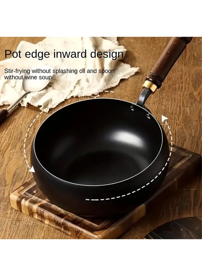 Cast Iron Skillet With Lid 28cm 11 Inch Handmade Traditional Design Large Belly Non Stick Mirror Finish Splash Proof Rust Resistant Heavy Duty Structure Even Heat Distribution Wooden Handle Knob Suitable For Gas Stoves Durable Kitchen Cookware Stove Top Protector Frying Pan Wok Deep Fry Pot - Image 1