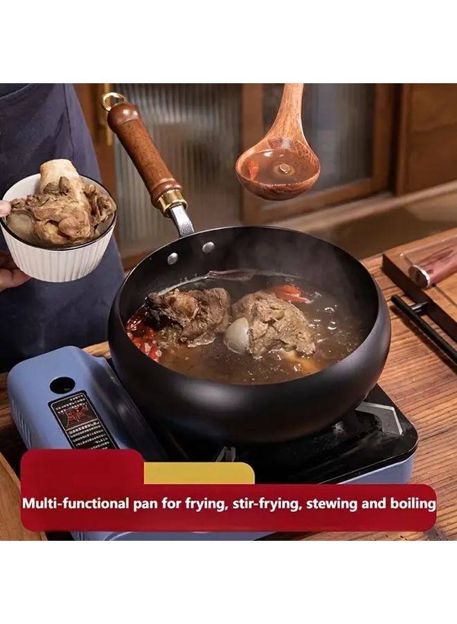 Cast Iron Skillet With Lid 28cm 11 Inch Handmade Traditional Design Large Belly Non Stick Mirror Finish Splash Proof Rust Resistant Heavy Duty Structure Even Heat Distribution Wooden Handle Knob Suitable For Gas Stoves Durable Kitchen Cookware Stove Top Protector Frying Pan Wok Deep Fry Pot - Image 3