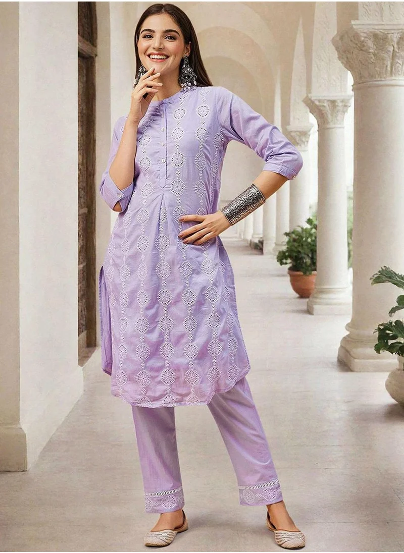 آي شين Women's Lilac 100% Cotton Printed Tunic Full Length Palazzo Straight Fit Kurta Set