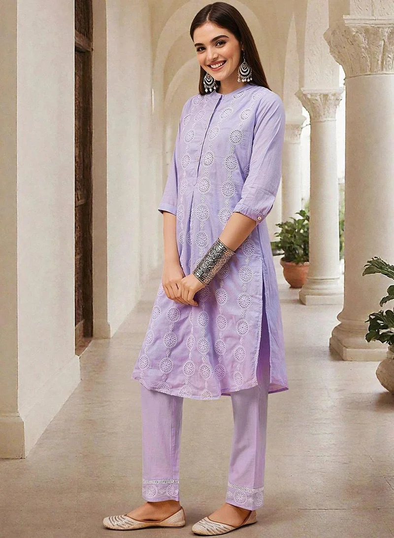 ISHIN Women's Lilac 100% Cotton Printed Tunic Full Length Palazzo Straight Fit Kurta Set