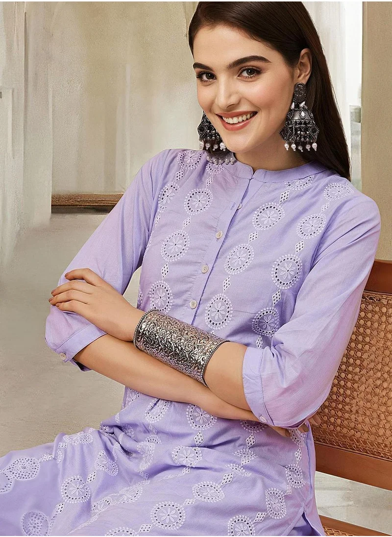 آي شين Women's Lilac 100% Cotton Printed Tunic Full Length Palazzo Straight Fit Kurta Set