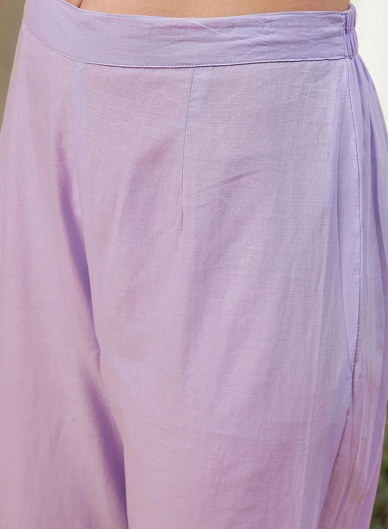 ISHIN Women's Lilac 100% Cotton Printed Tunic Full Length Palazzo Straight Fit Kurta Set