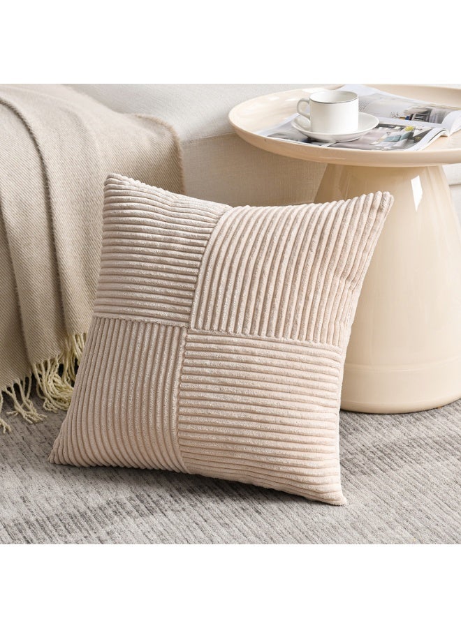Fancy Homi أغطية وسائد مزخرفة فاخرة هومي 2 عبوة بلون تان 18x18 بوصة لغرفة المعيشة والأريكة والسرير، ديكور منزلي ريفي بوهيمي، غطاء وسادة مربع ناعم من قماش الكوردوروي بتصميم رقعة بيج 45x45 سم - Image 2