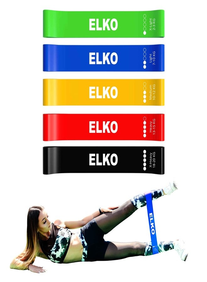 ELKO أربطة مقاومة صغيرة من المطاط الطبيعي من إلكو مع حقيبة حمل مرفقة لتقوية العضلات والتمارين المنزلية (مجموعة من 5 قطع) - Image 1
