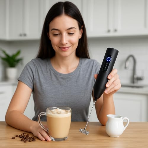 Bonsenkitchen Electric Milk Frother –Handheld Coffee Beater & Foam Maker with 3 Speed Modes,Stainless Steel Whisk, Rechargeable Drink Mixer for Latte,Cappuccino,Hot Chocolate & Matcha –1 Year Warranty(USB Black) - Image 4
