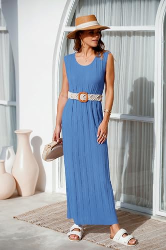 Fisoew Women's Summer Sleeveless Maxi Dress Scoop Neck Ribbed Knit Tank Top Dresses Blue - Image 5