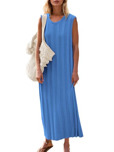 Fisoew Women's Summer Sleeveless Maxi Dress Scoop Neck Ribbed Knit Tank Top Dresses Blue - Image 1