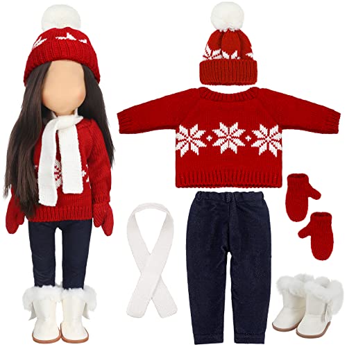 Bencailor 6 Pcs 18 Inch Christmas Doll Clothes and Accessories Winter Outfits Set Sweaters Trousers Hats Shoes Gloves for 18 Inch Doll GiftsRed White - Image 1