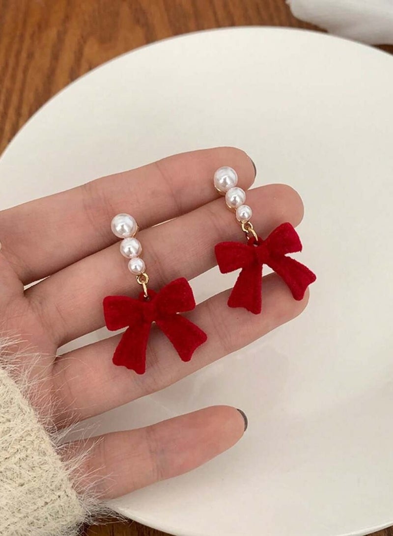 FASHION A Pair Of Elegant Knot Faux Fur Earrings Embellished With Pearl Beads  - Image 1