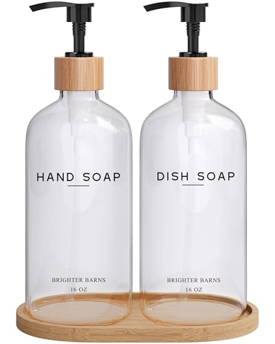 Brighter Barns Clear Glass Hand and Dish Soap Dispenser Set by Brighter Barns Kitchen Soap Dispenser Set with Bamboo Tray Modern Kitchen Decor Minimalist Decor Clear - Image 1