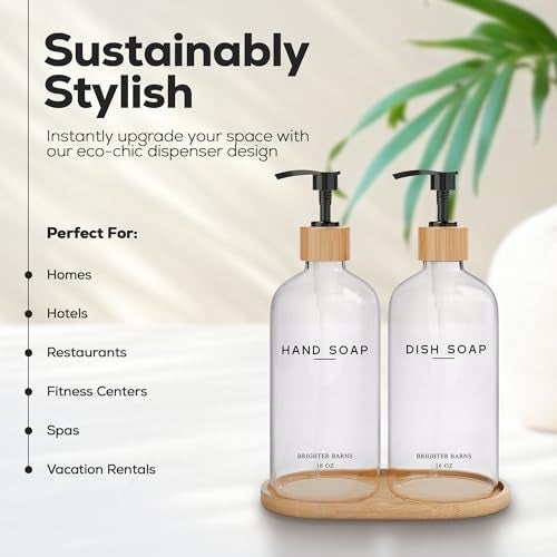 Brighter Barns Clear Glass Hand and Dish Soap Dispenser Set by Brighter Barns Kitchen Soap Dispenser Set with Bamboo Tray Modern Kitchen Decor Minimalist Decor Clear - Image 3
