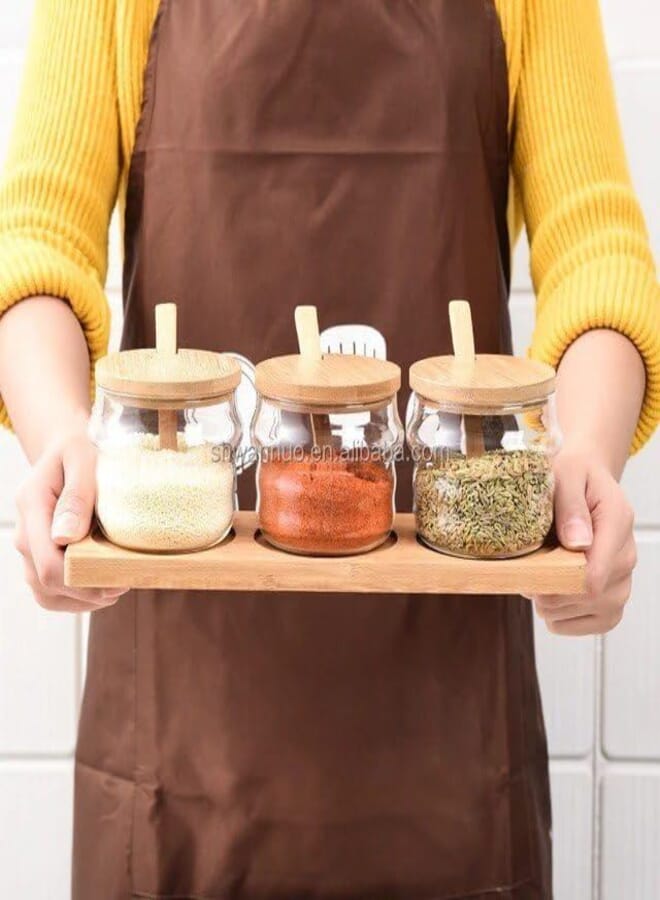 Generic Glass Spice Jar Set with Wooden Spoons, 380ml Containers, Bamboo Lids, Wooden Display Tray, Set of 3 .mk