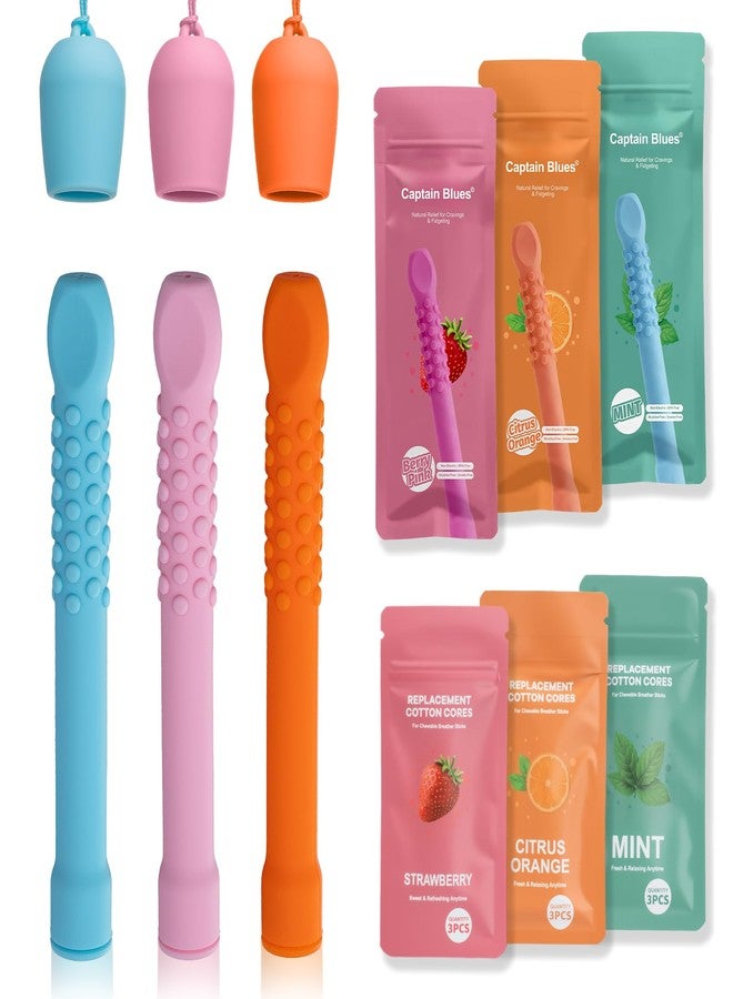 Captain Blues 3 Pack Chewable Silicone Aroma Sticks with Essential Oils for Stress Relief & Fresh Breath, Improving Pen Biting & Smoking Habits. (Multicolor - Image 1