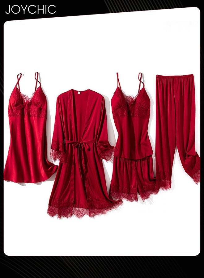 NIBEMINENT 5-Piece Spring and Autumn Winter Warm Pyjama Set for Women Ice Silk Lace Comfortable Breathable V-neck Home Sleepwear Wine Red - Image 1