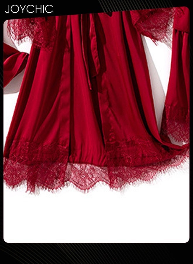 NIBEMINENT 5-Piece Spring and Autumn Winter Warm Pyjama Set for Women Ice Silk Lace Comfortable Breathable V-neck Home Sleepwear Wine Red - Image 4