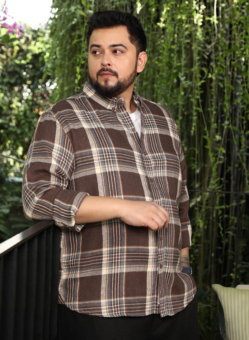 Instafab Plus Men Button-Down Shadow-Plaid Shirt | Button-Down Collar, Long Button-Cuff Sleeves | Button Closure, Curved Hem | Plaid Twill | Woven Fabric For Plus Size Casual & Daily Wear | Brown - Image 3