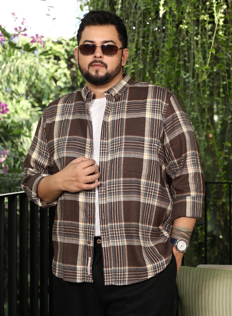 Instafab Plus Men Button-Down Shadow-Plaid Shirt | Button-Down Collar, Long Button-Cuff Sleeves | Button Closure, Curved Hem | Plaid Twill | Woven Fabric For Plus Size Casual & Daily Wear | Brown - Image 1