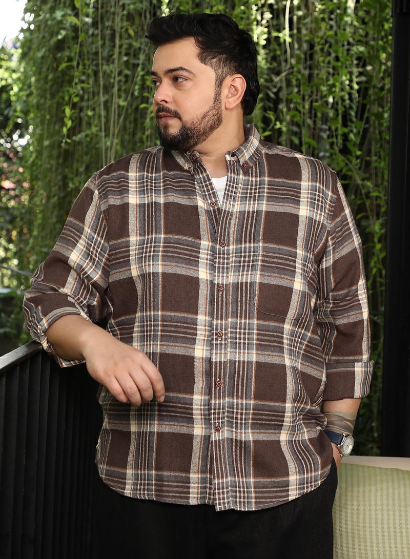 Instafab Plus Men Button-Down Shadow-Plaid Shirt | Button-Down Collar, Long Button-Cuff Sleeves | Button Closure, Curved Hem | Plaid Twill | Woven Fabric For Plus Size Casual & Daily Wear | Brown - Image 2