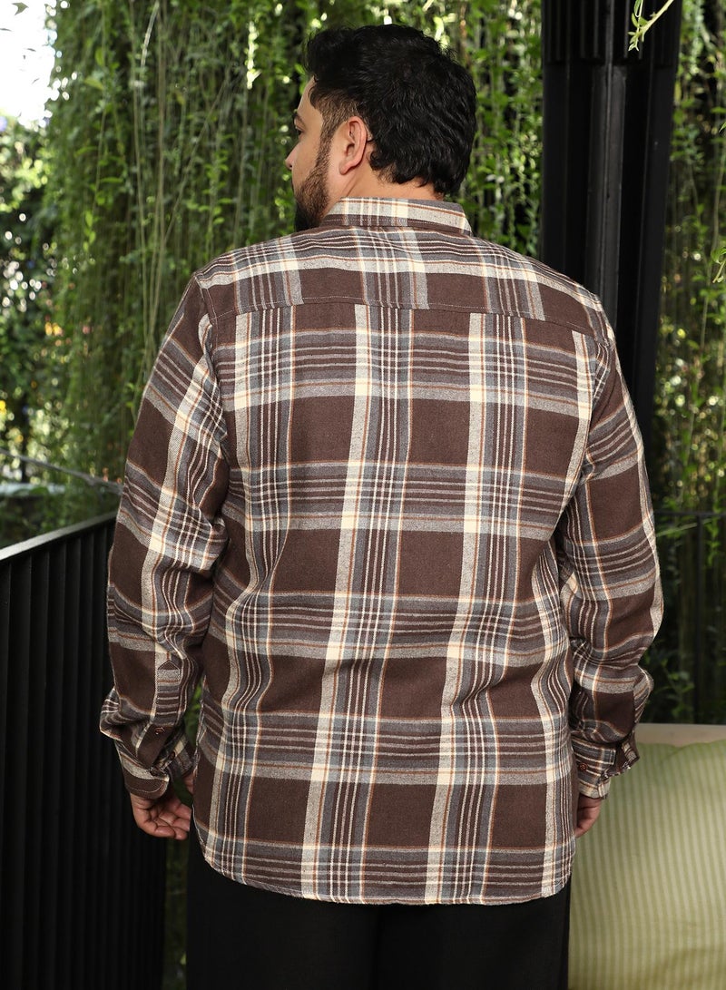 Instafab Plus Men Button-Down Shadow-Plaid Shirt | Button-Down Collar, Long Button-Cuff Sleeves | Button Closure, Curved Hem | Plaid Twill | Woven Fabric For Plus Size Casual & Daily Wear | Brown - Image 5