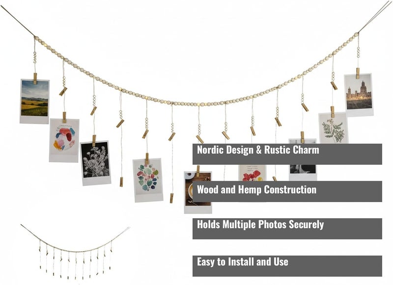 Big & small space compatible Wooden Bead Photo Display Rack for Wall Decor with Clips, Nordic Rustic Design for Home and Living Room Photo Arrangement Balanced weight - Image 2