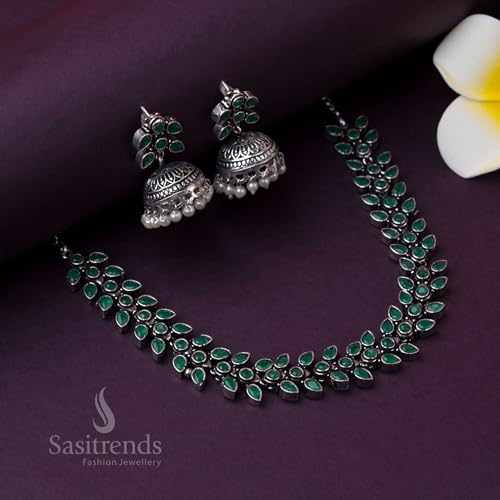 Sasitrends German Silver Green Stone Studded Oxidized Jewellery Set for Women & Girls - Image 3