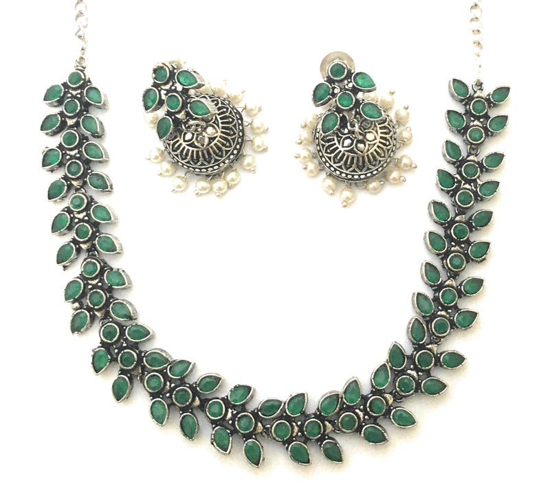 Sasitrends German Silver Green Stone Studded Oxidized Jewellery Set for Women & Girls - Image 1